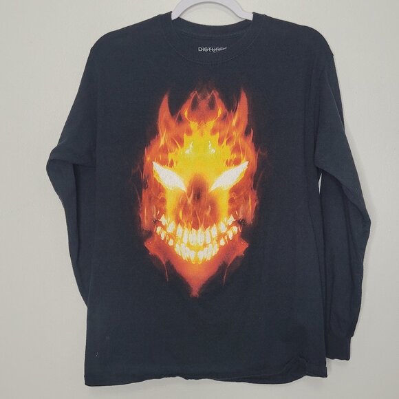 Disturbed black long sleeve flame skull rock band shirt size medium FLAW - Picture 1 of 7